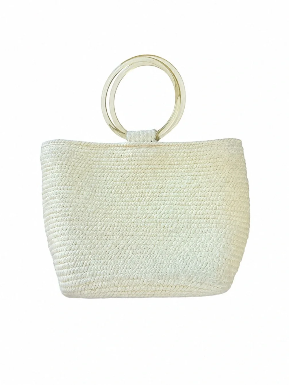 Vintage Cream Woven Structured Trapezoid Handbag Lucite Handles 70s Retro